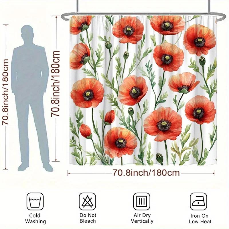 Aquarell-Mohnblumen Duschvorhang - Rote Blüten mit grünem Laub, Weiches Polyester, Ätherisches Blumendesign, Einfache Installation
