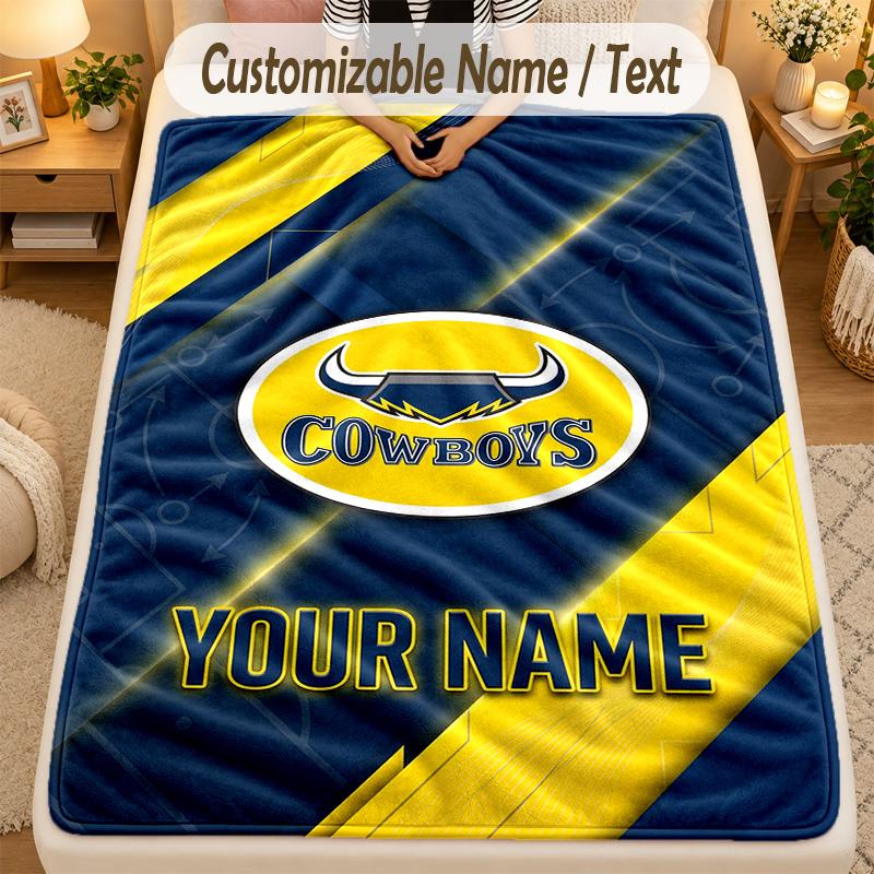 Flannel BlanketNorth Queensland Cowboys Custom Name Text Personalized Soft Warm Throw Blanket Home Decor Gift