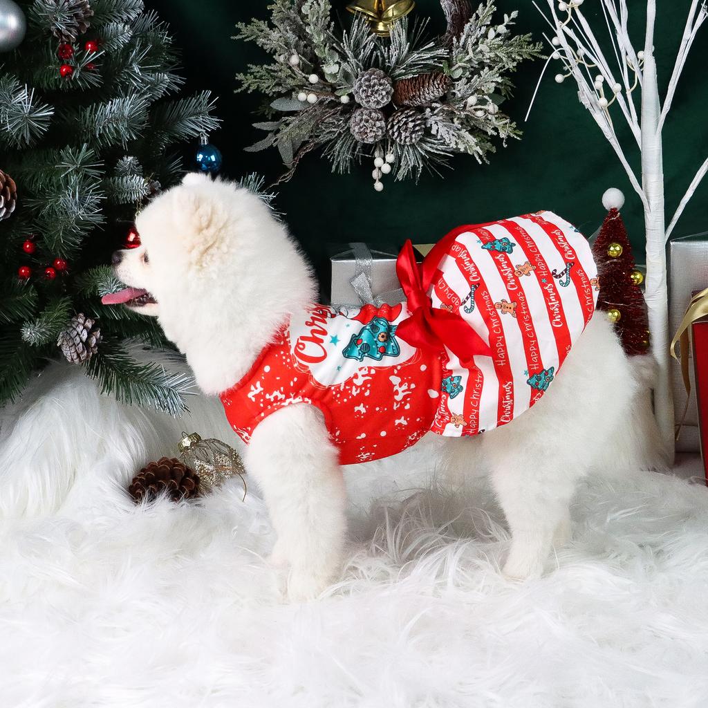Dog Happy Christmas Dresses Striped Puppy Clothes with Cute Gingerbread Printed Beautiful and Comfort Costume with Bowknot Chr