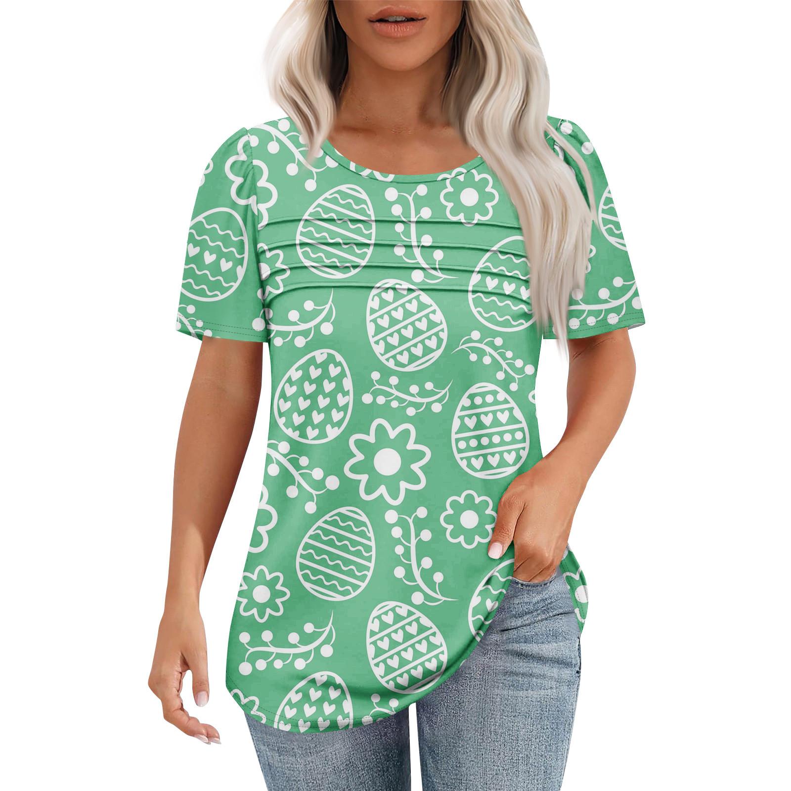 

Женская модная рубашка с круглым вырезом и короткими рукавами в складку M зелёный