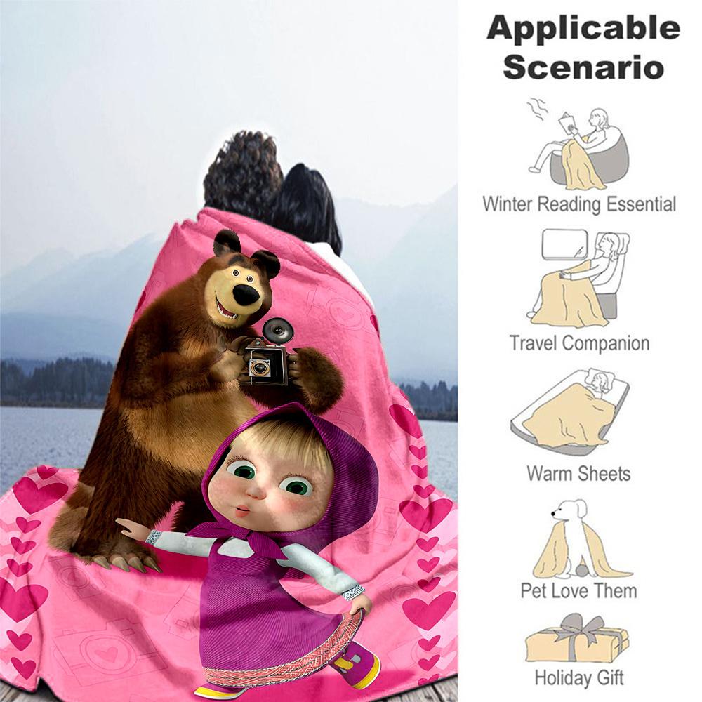 1pc Masha Bear Outdoor Blanket Lightweight Flannel, Soft & Warm, All-Season Use for Sofa, Outdoor, Camping, Living Room045