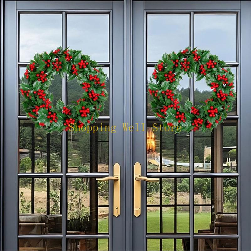 KX4B Christmas Wreath Front Door Wreath with Red Berries Green Garlands for Party CN