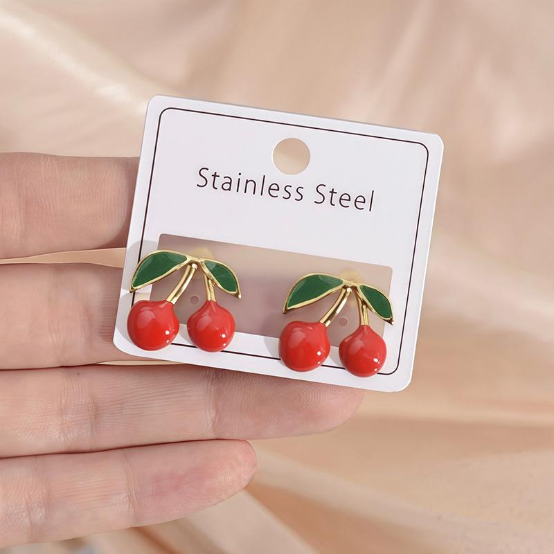 Fresh And Sweet Alloy Cherry Stud Earrings, Unique And Versatile Fashion Earrings, With Colorful Fruit Pendants