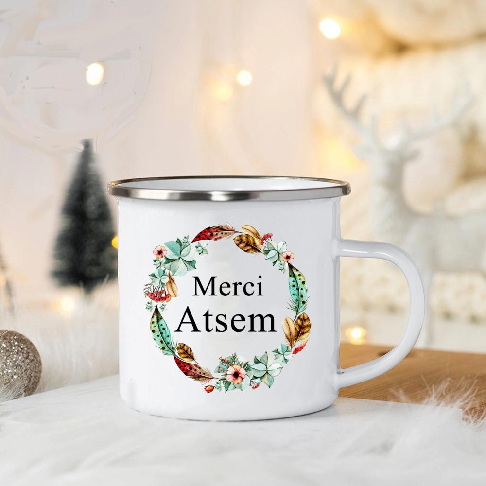 Merci Atsem In France Enamel Mugs Teacher's Day Drink Juice Coffee Dessert Cocoa Milk Handle Mug Festive Birthday Gifts