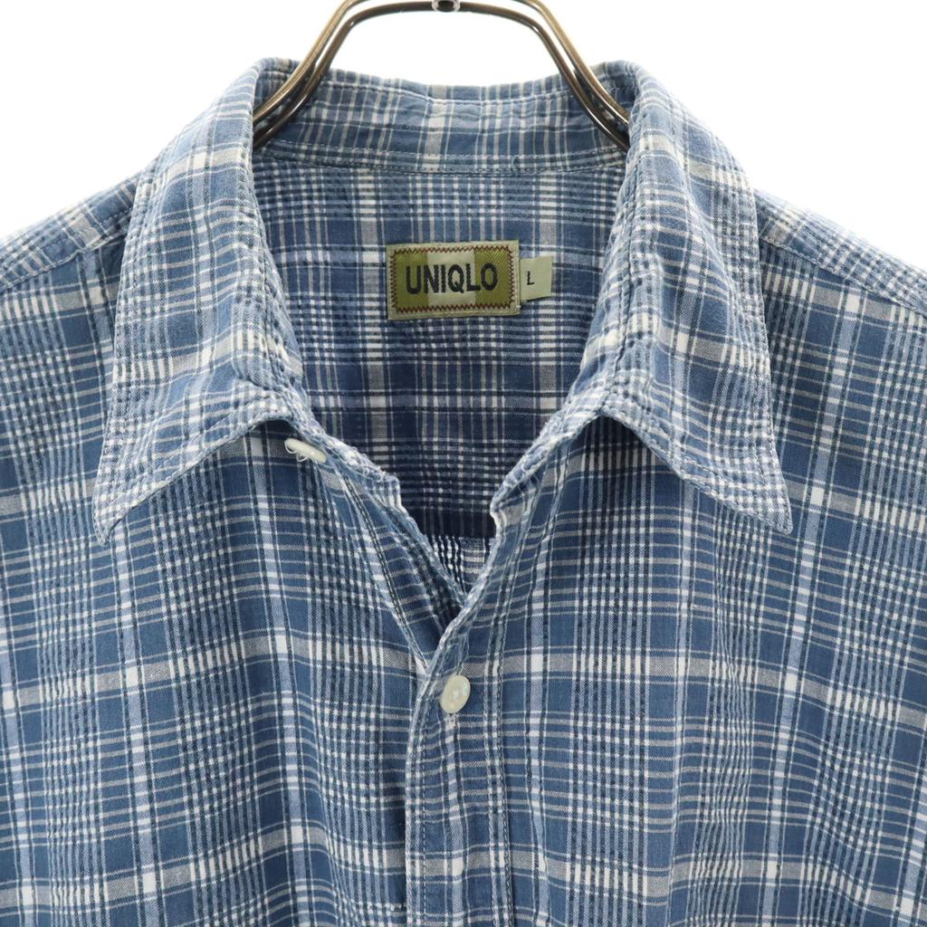 Uniqlo Old Check Pattern Short Sleeve Seersucker Shirt L Blue and Navy Men's Used