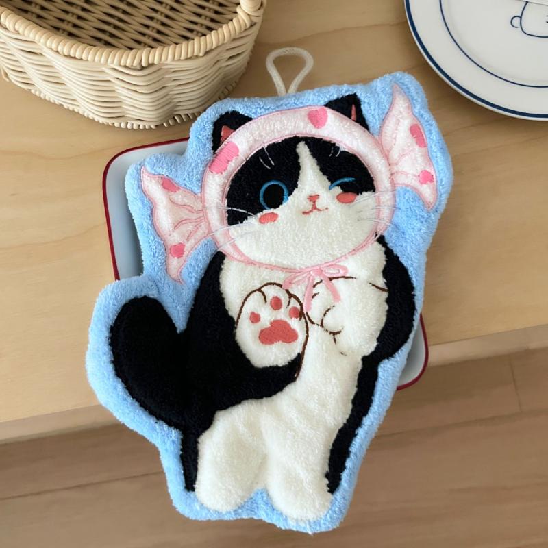 Cartoon Coral Velvet Hand Towel For Kitchen Kawaii Cat Hand Wipe Cleaning Cloth Bathroom Hanging Towel Absorbent Clean Rag