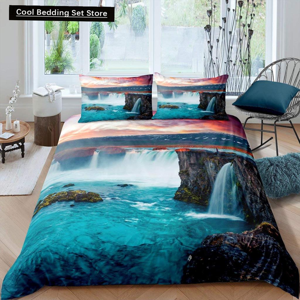 Waterfall king Queen Duvet Cover Floral Trees Bedding Set Natural landscape quilt cover Purple Dream polyester Comforter Cover