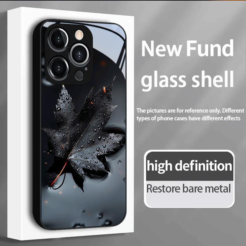 Black Leaf Pattern Glass Material Phone Case For iPhone 17 16 15 14 13 12 11 Pro Max 16E 17Air 7 8 15 Plus XR XS X Cover