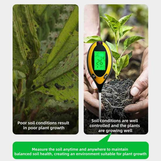 4-in-1 Soil Tester Digital Display Soil Moisture Sunlight PH Temperature Tester Long Probe Soil Tester for Garden Lawn Farm Greenhouse Plant Care