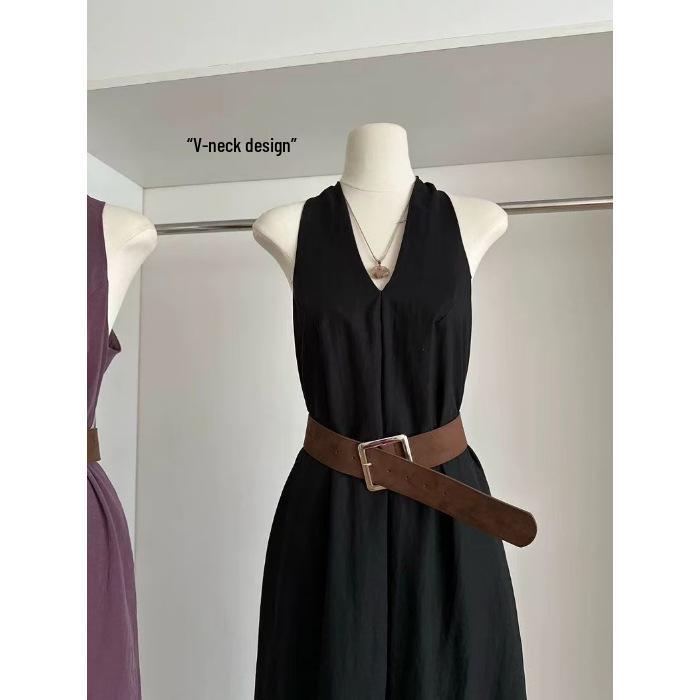 Women s French Retro Purple V-Neck Sleeveless A-Line Dress, Summer 2026 Waist-Cinching Halter Style M чёрный