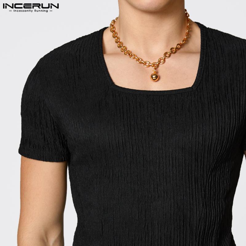 INCERUN Summer Men Square Collar Texture Fitted Casual T-shirts Tops Undershirts