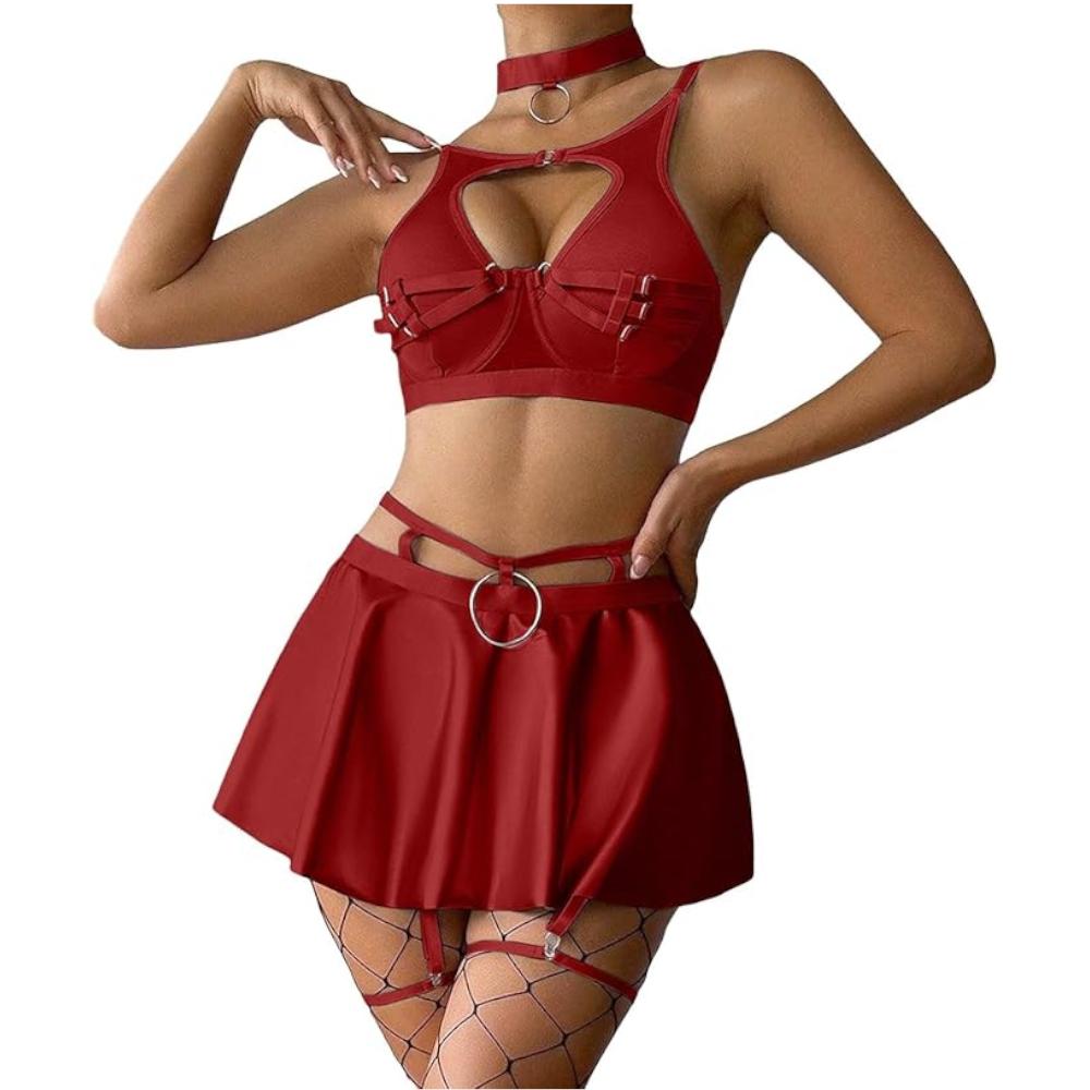 Lace Erotic Lingerie Set  Bra Solid Color Leather Bras & Bra Sets