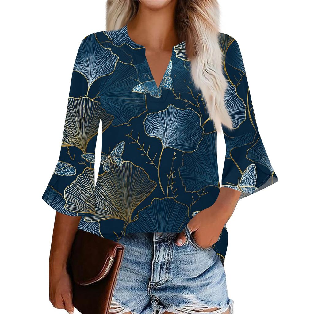 Women's Casual Fashion Floral Printed Cropped Sleeve Round Neck Top