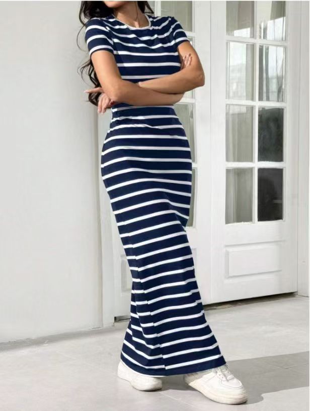 New European and American Printed Knitted Striped Long Women's Dress