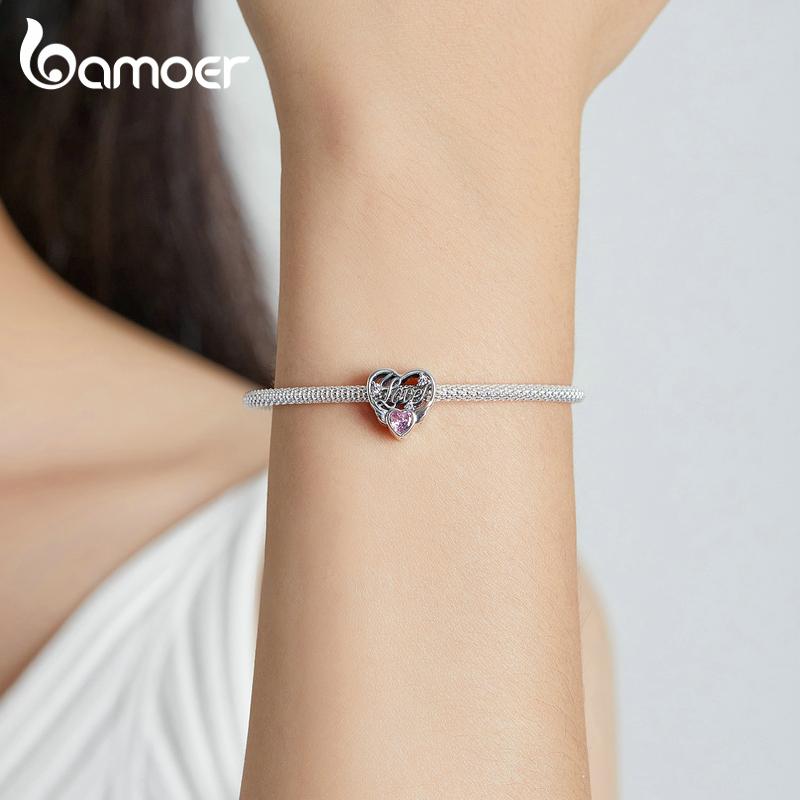 BAMOER 925 Sterling Silver wykwintne jasnoróżowe cyrkon Hollow Heart Charm koraliki dla kobiet Fine Jewelry