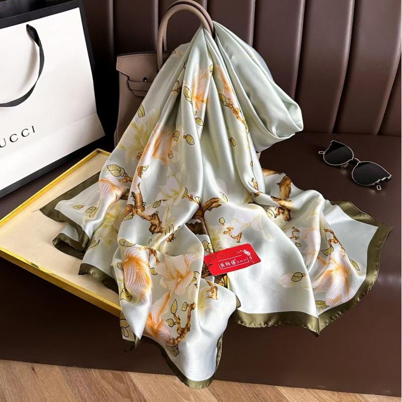 Spring and Summer Thin Silk Scarf High-end Printed Long Scarf New Satin Travel Sunscreen Scarf National Style Cloak