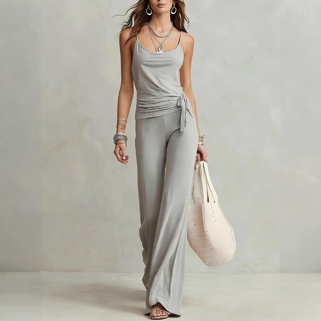 Women Casual Two Piece Set Sleeveless Tank Top with High Waist Wide Leg Pants Lounge Wear Summer Outfit