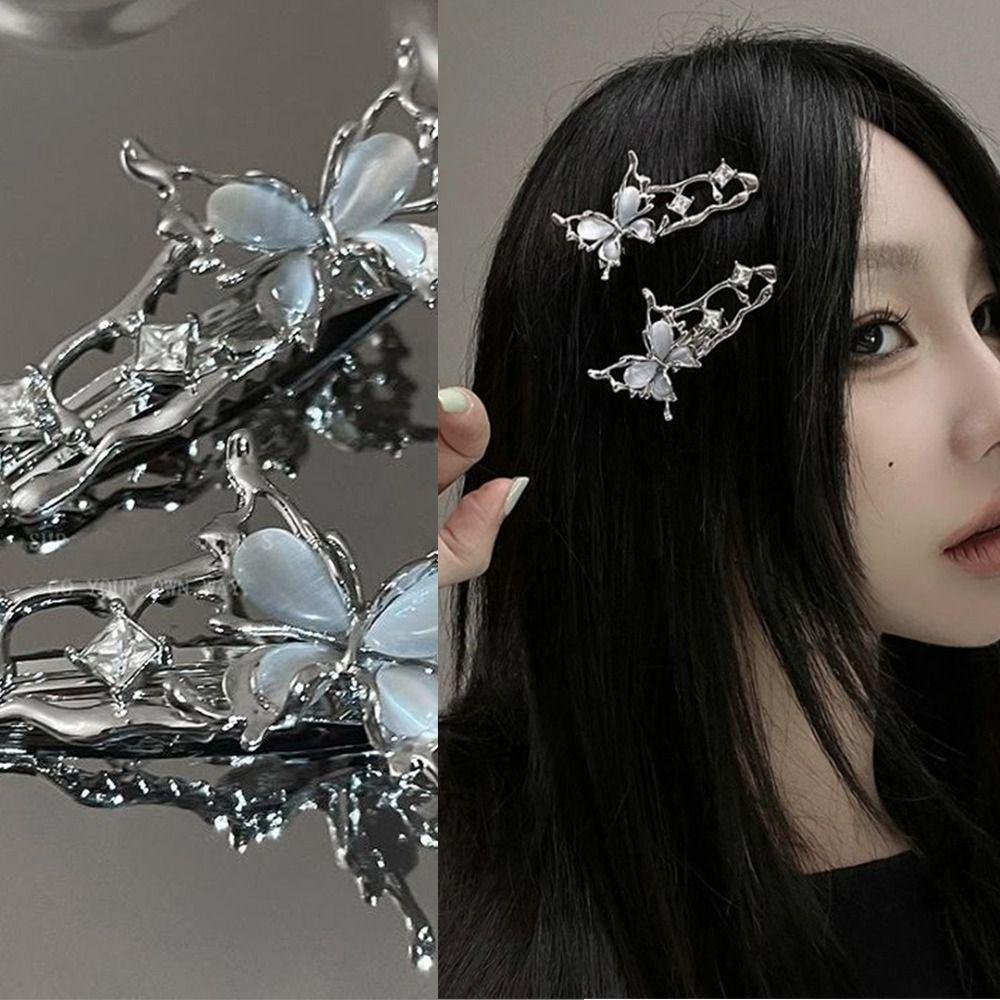 Irregular Harajuku Hair Clips Butterfly Zircon Silver Bang Clip INS Y2K Liquid Metal Hairpin  Girl