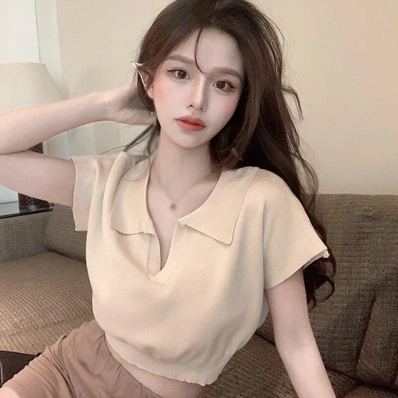 

Женский облегающий укороченный топ с воротником с лацканами, однотонная повседневная футболка с коротким рукавом для тренировок, топ для йоги, базовая рубашка One Size