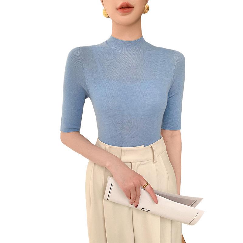 Women's Slim Fit Short Sleeve Fine Knit Wool Sweater - 100% Wool Half-High Neck for Spring/Summer