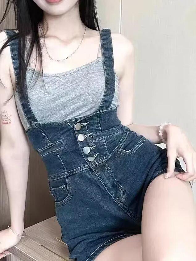 2024 Retro High-Waist Denim Overalls for Women - Slim Fit Street Style Shorts