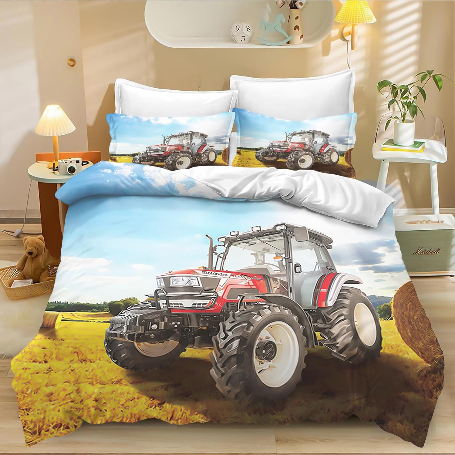 Tractor Cartoon Print Duvet Cover Bedding Set 2pcs,Soft Microfiber Quilt Cover with Pillowcases And Zipper, for Adults Kids 135x200cm