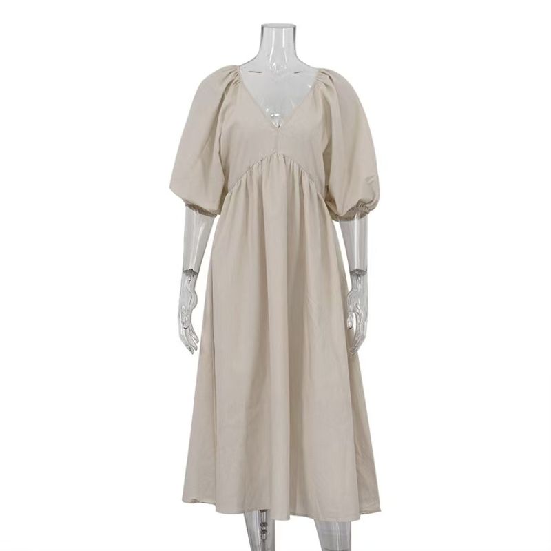 

Western Style Fashion New Solid Long dress V-neck Hollow out Backless Dress V-Neck Backless Dress Apricot color S