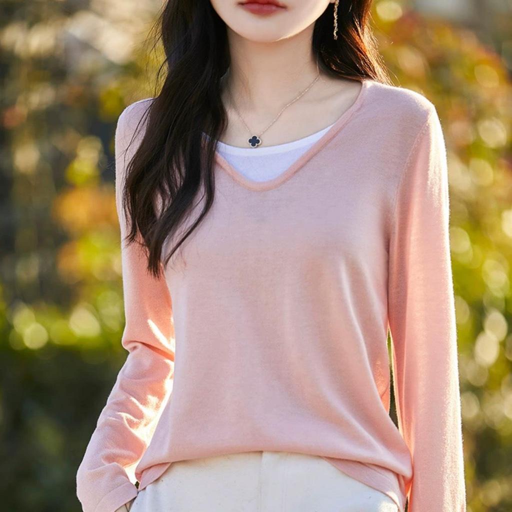 Women's V-Neck Color Block Layered Knit Sweater - Long Sleeve, Lightweight