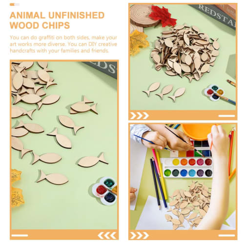 Ibasenice 100-Piece Set of Fish Wood Figures, Animal Wood Chips, Wooden Tags, Blank Wood Hanging Tags for DIY Wood Crafts, Entrance Ceremonies, Gradua
