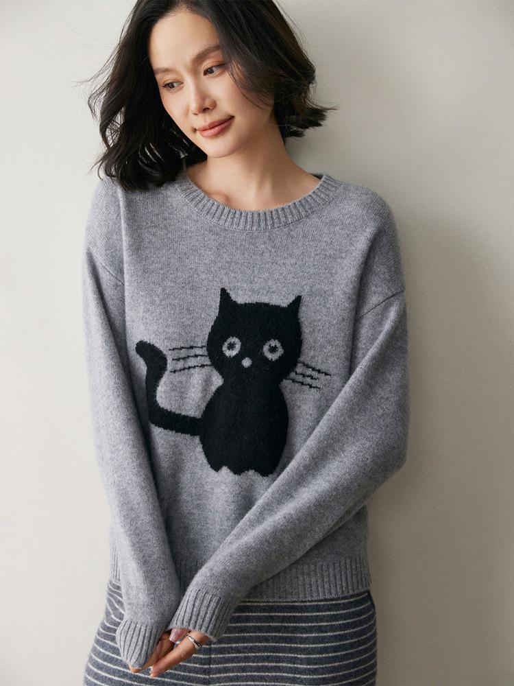 2025 Autumn/Winter Women's Cashmere Kitten Jacquard Long Sleeve Sweater - Round Neck