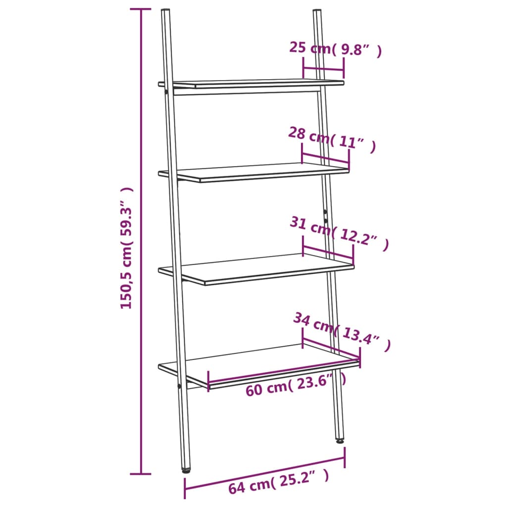 Ladder Shelf with 4 Shelves Light Brown and Black 64 x 34 x 150.5 cm