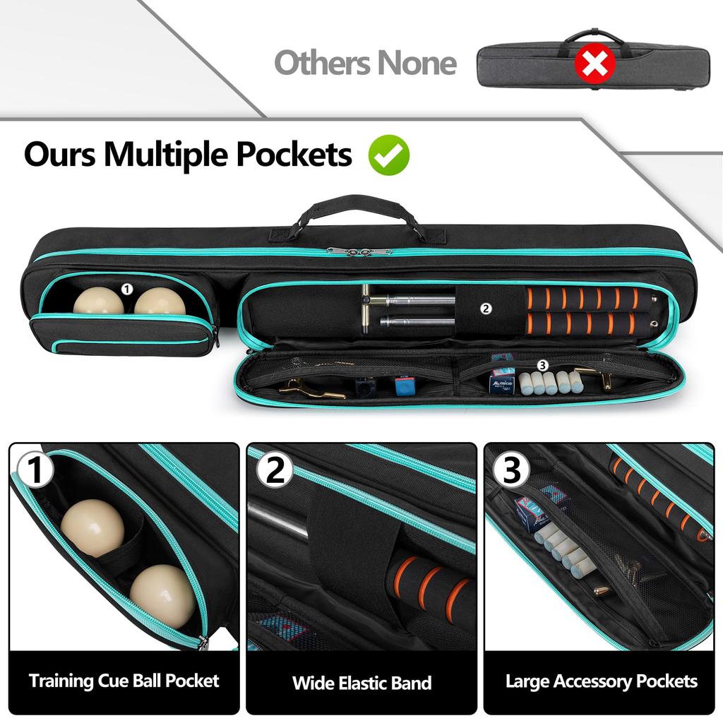 GOBUROS Cue Case, Holds 2 Butts and 2 Shafts, Billiard Cue Case, Pool Cue Bag, 1/2 Billiard Cue Bag (Green Zipper)