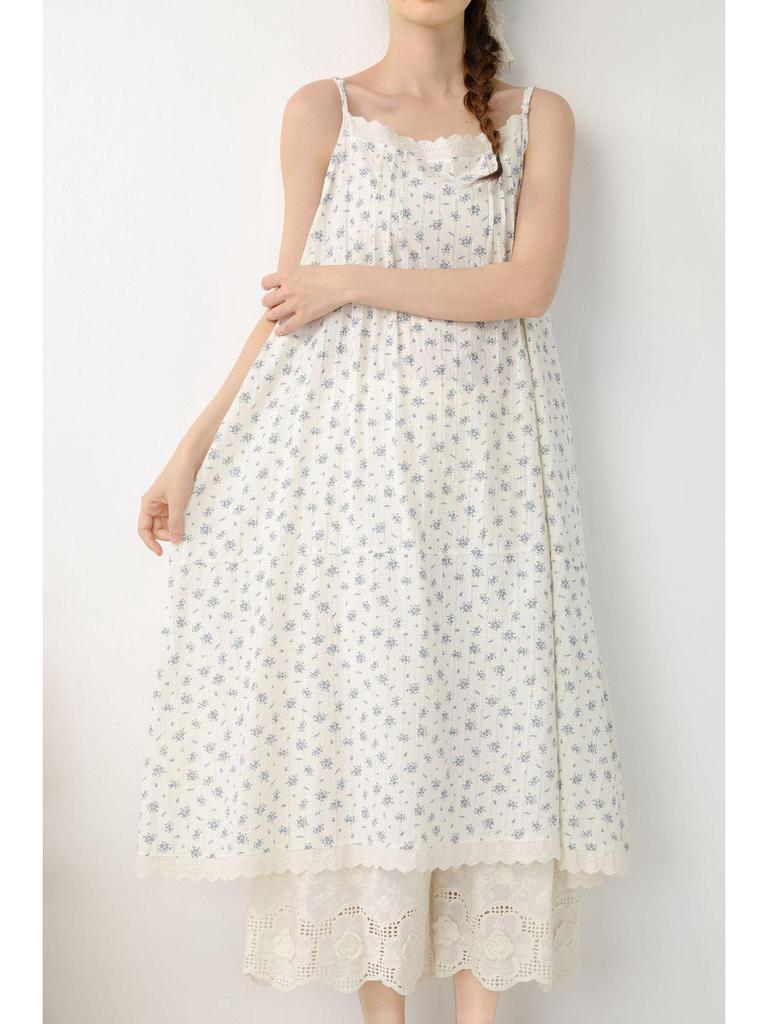 Spring/Summer 2026 Floral Print Spaghetti Strap Midi Dress - Sweet Mori Style with Lace Patchwork