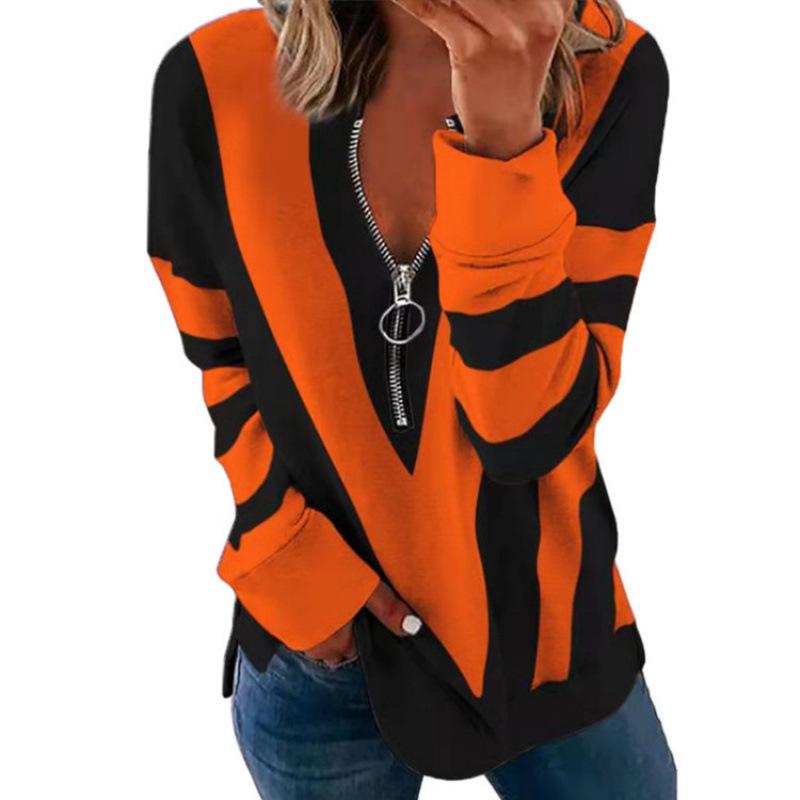 Women's Color Block Half Zip Long Sleeve Top Casual Printed V Neck Sweatshirt