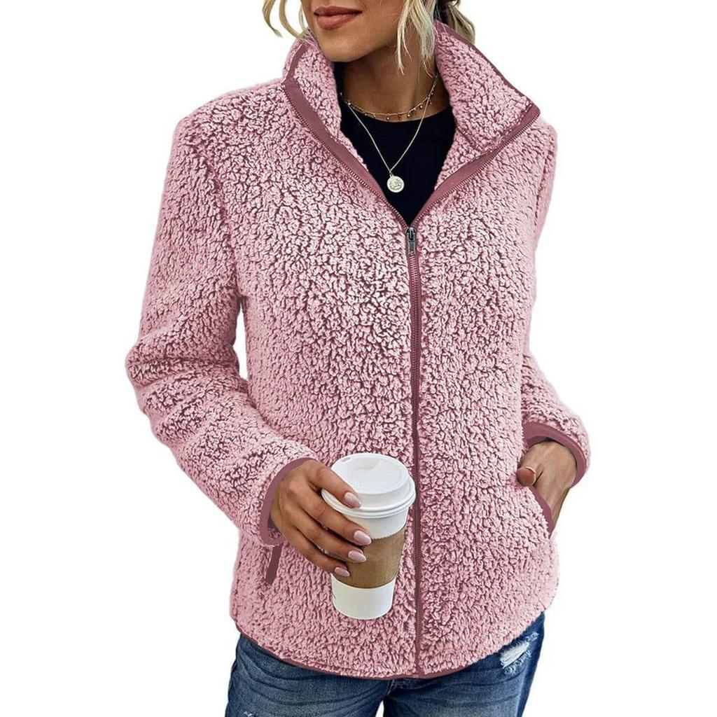 Women Solid Fleece Jackets Casual Stand Collar Coat Fashion Female Long Sleeve Zipper Outerwear Autumn Winter Lady Clothes