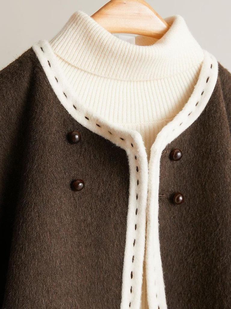 2025 Autumn/Winter Handmade Double-Sided Wool Cropped Coat - Round Neck, Versatile Design