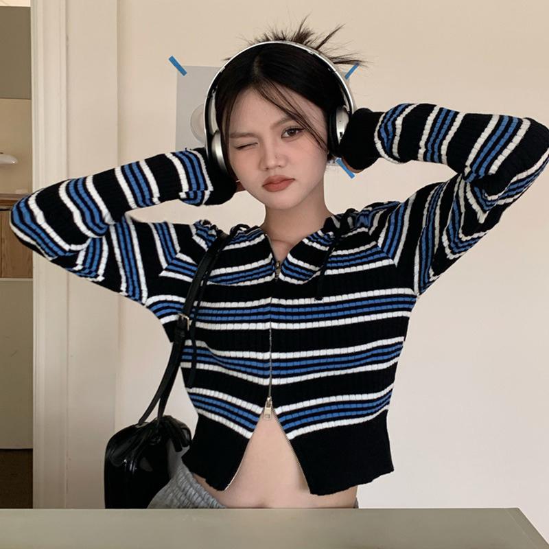 Hooded Stripe Double Zip Small Short Long Sleeve T-Shirt Top - One Size Pink