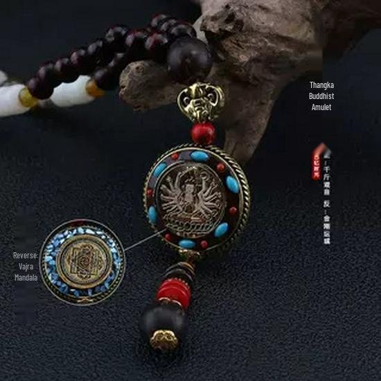 Ethnic Nepal Thangka Pendant Necklace with Wooden Beads