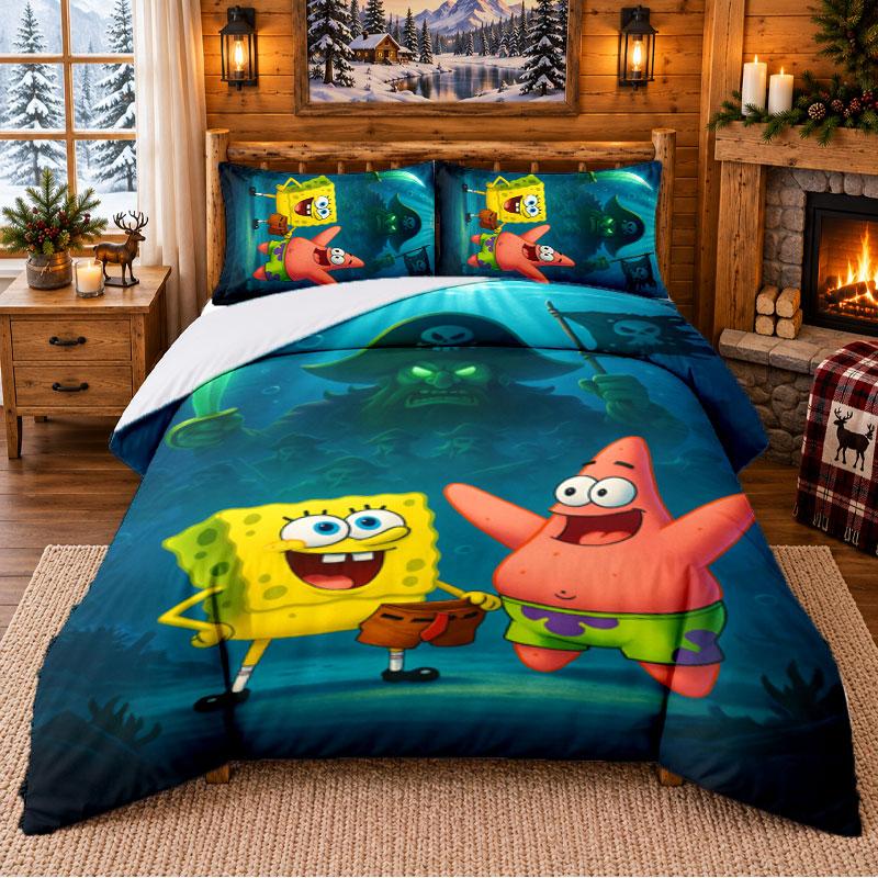 SpongeBob Football Pattern Bedding 3Pcs Set Bed Sheet And Pillowcases For Indoor Bedroom