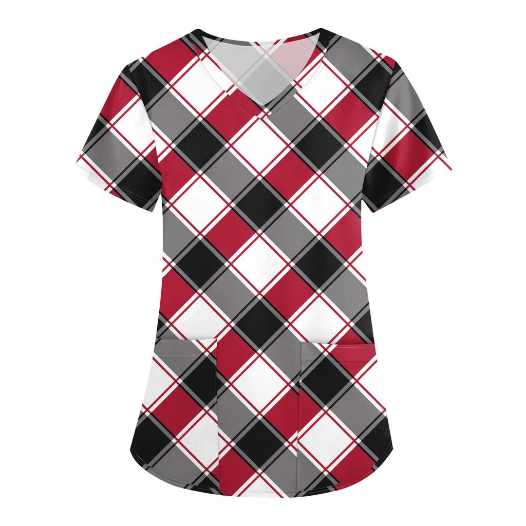 Dámský vánoční potisk volný výstřih do V kapsa krátký rukáv uniforma