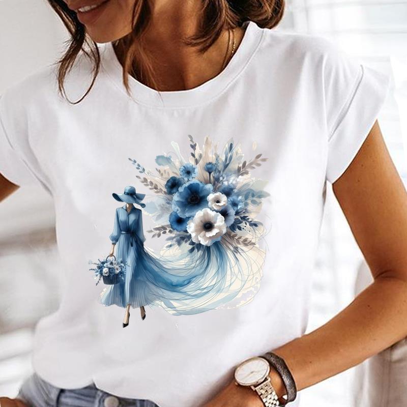 (Asian Size) Flower Trend Lovely Women Lady Female Top Printed Tee Summer Clothing Casual T Shirt Fashion Graphic Short Sleeve T-shirts