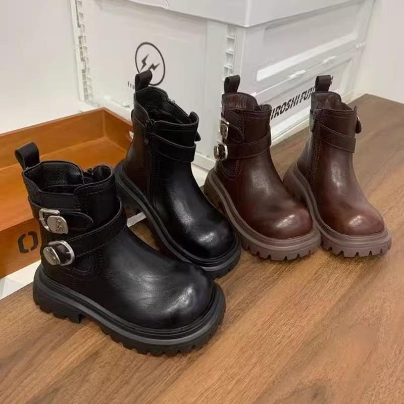 Autumn/Winter Fashionable and Versatile Leather Boots for Girls British Style Fleece-lined Short Boots Non-slip Soft-soled Cotton Boots