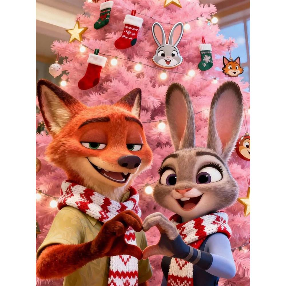 

Disney Diamond Painting Judy and Nicks Christmas Heart Interaction From Zootopia Cartoon Mosaic Diamond Cross Stitch DIY Gift Home Decor Round 20x30cm