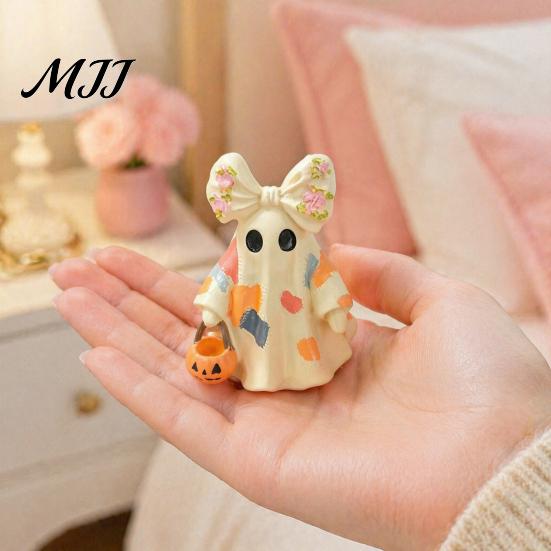 Portable Festive Table Centerpieces Halloween Bow Ghost Figurine Tabletop Ornament, Cute Resin Statue with Desktop Soft Decoration Items Pumpkin