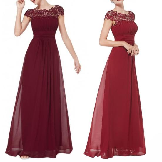 Rochie Maxi de Petrecere pentru Femei, Culoare Solidă, Dantelă Transparentă Patchwork, Mânecă Scurtă