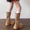Retro britský styl ale ke kolenům vysoké boty na silné podrážce dámské 2025 nové jarní a podzimní zvyšující duté V-výstřih rytířské boty