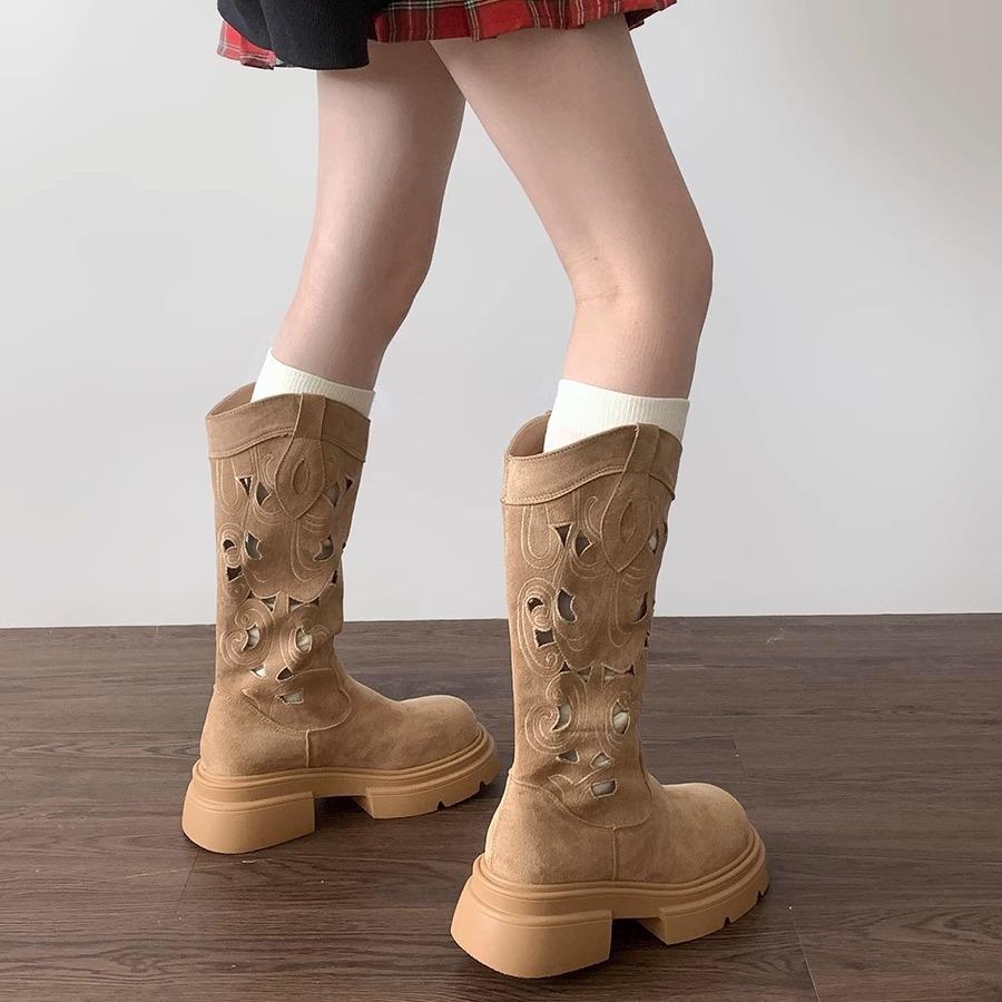 Retro britský styl ale ke kolenům vysoké boty na silné podrážce dámské 2025 nové jarní a podzimní zvyšující duté V-výstřih rytířské boty