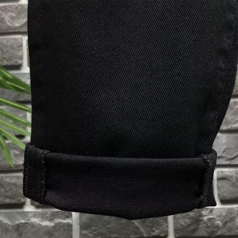 High-End 2024 Men's Designer Black Jeans: Slim-Fit, Printed, Versatile Trousers for Spring & Autumn.