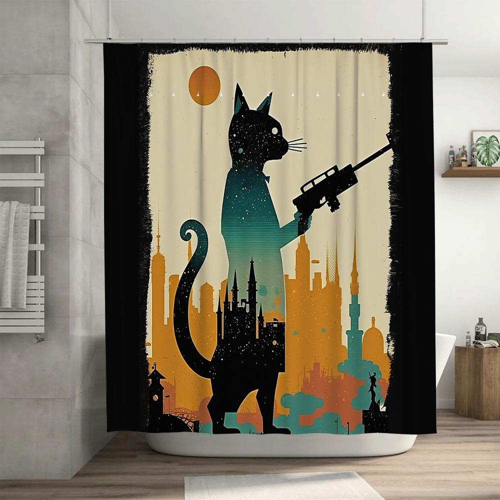 Cat Silhouette Gun Shower Curtain Modern Abstract Home Decor Bathroom Set Artistic Wildlife Print Wall Hanging