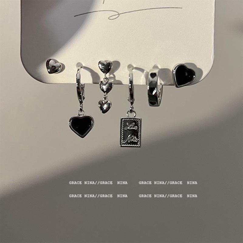 Dark Style Japanese & Korean Heart Stud Earrings & Ear Cuffs Set - Chic, Sweet, Trendy Six-Piece Jewelry for Cool, Spicy Girls